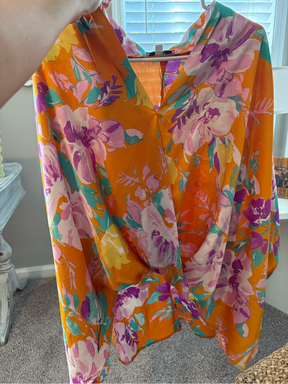 Love Orange Floral Wrap-Style Blouse with Purple & Teal Accents